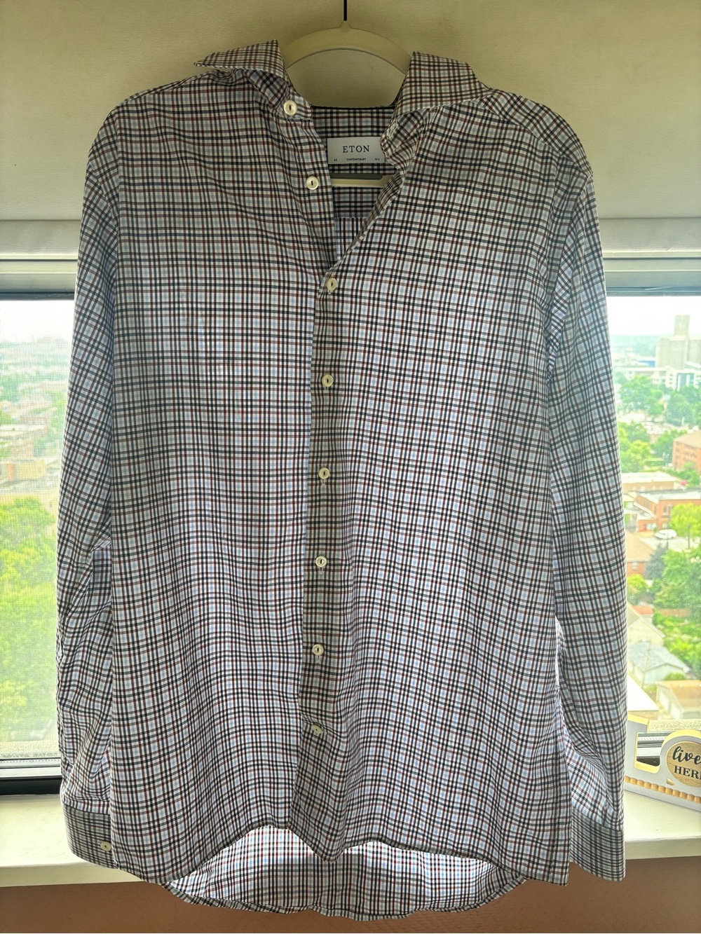 Eton Slim Fit Plaid Button-Up Shirt in White, Brown and Navy